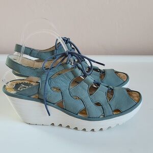 Fly London Yexa Soft Blue Nubuck Suede Lace-Up Wedge Sandal Size EU 41